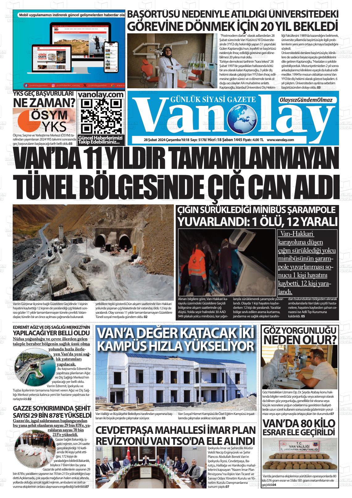 28 Şubat 2024 Van Olay Gazete Manşeti