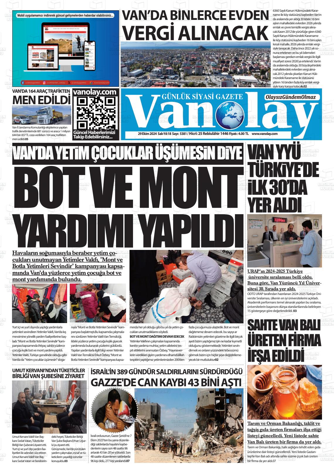 29 Ekim 2024 Van Olay Gazete Manşeti