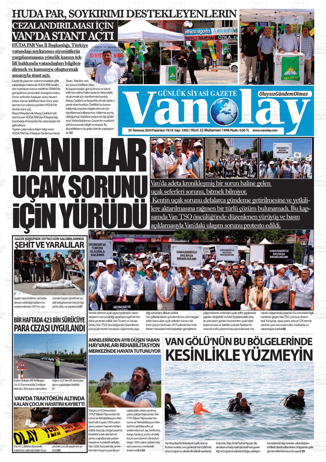 29 Temmuz 2024 Van Olay Gazete Manşeti