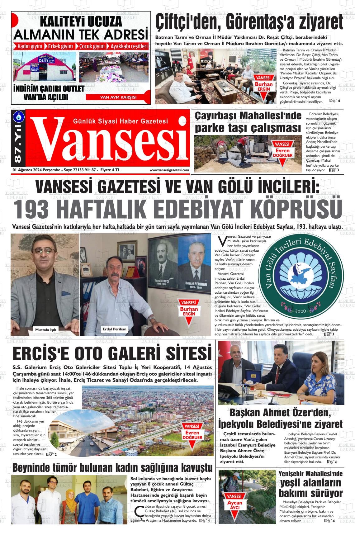 01 Ağustos 2024 Vansesi Gazete Manşeti