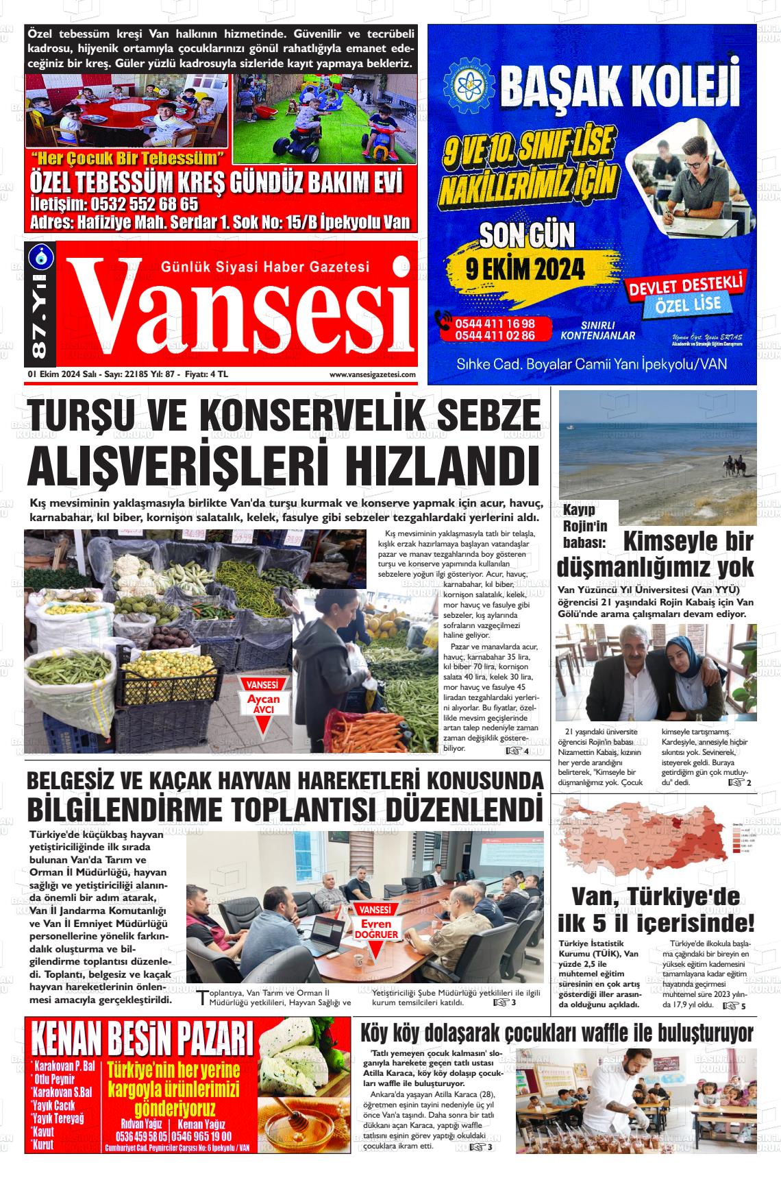 01 Ekim 2024 Vansesi Gazete Manşeti