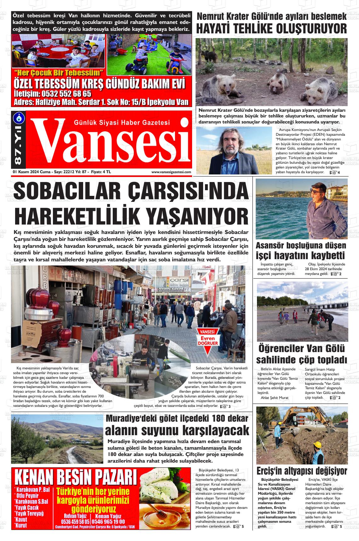 01 Kasım 2024 Vansesi Gazete Manşeti