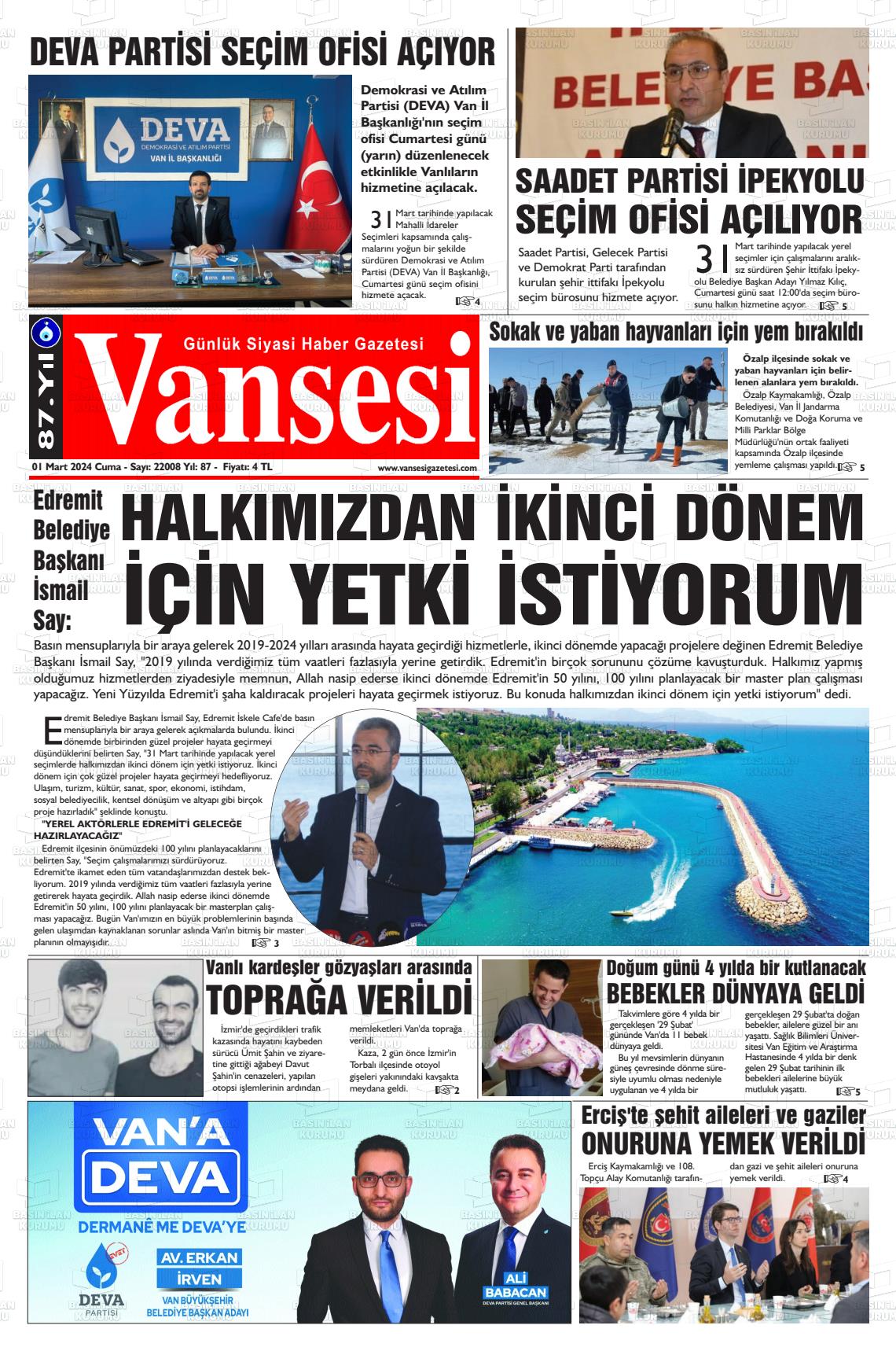 01 Mart 2024 Vansesi Gazete Manşeti