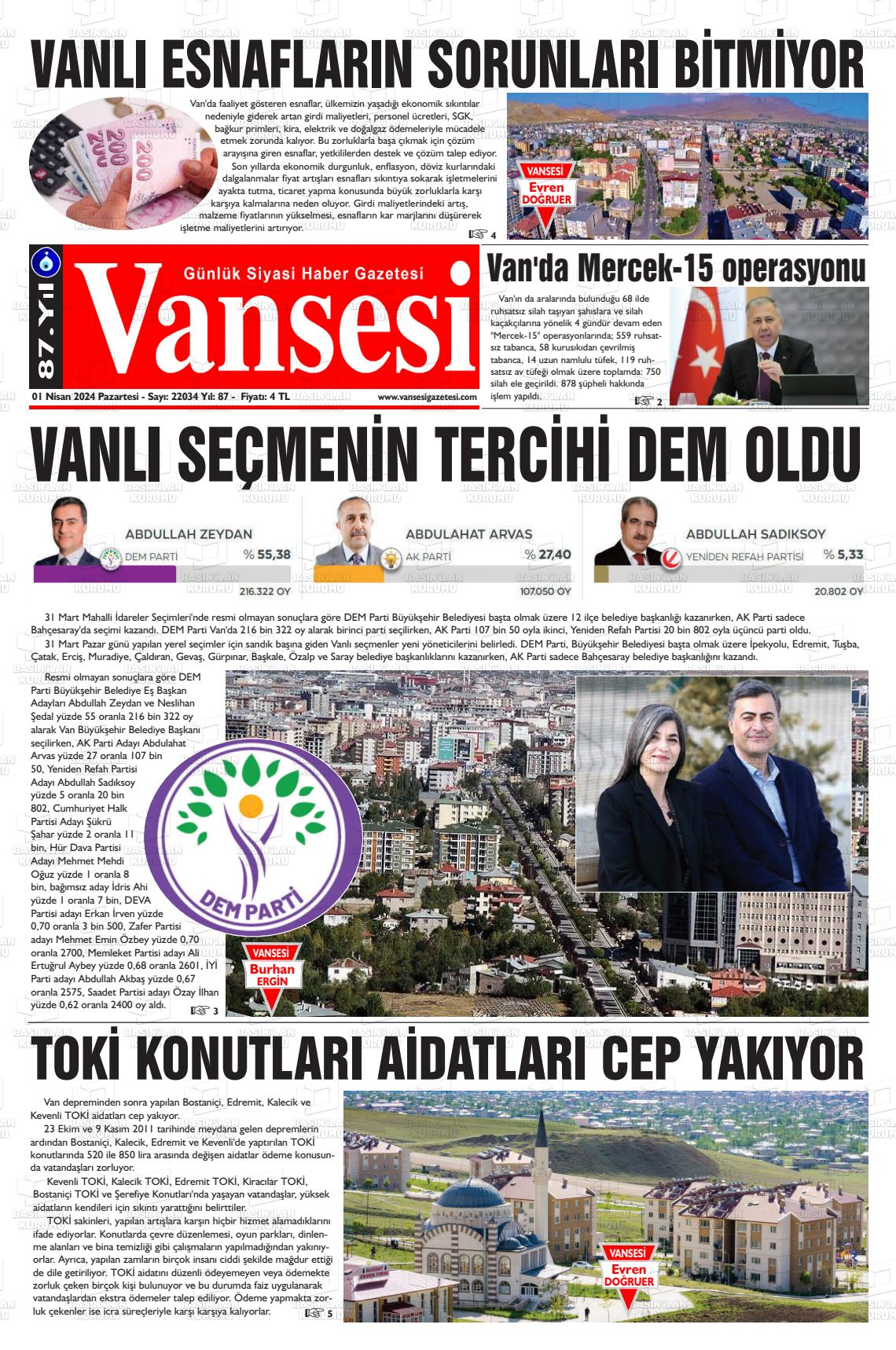 01 Nisan 2024 Vansesi Gazete Manşeti