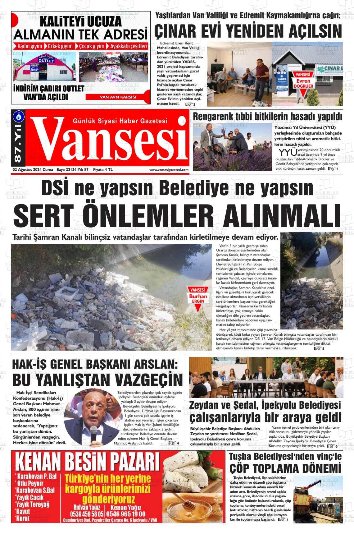 02 Ağustos 2024 Vansesi Gazete Manşeti