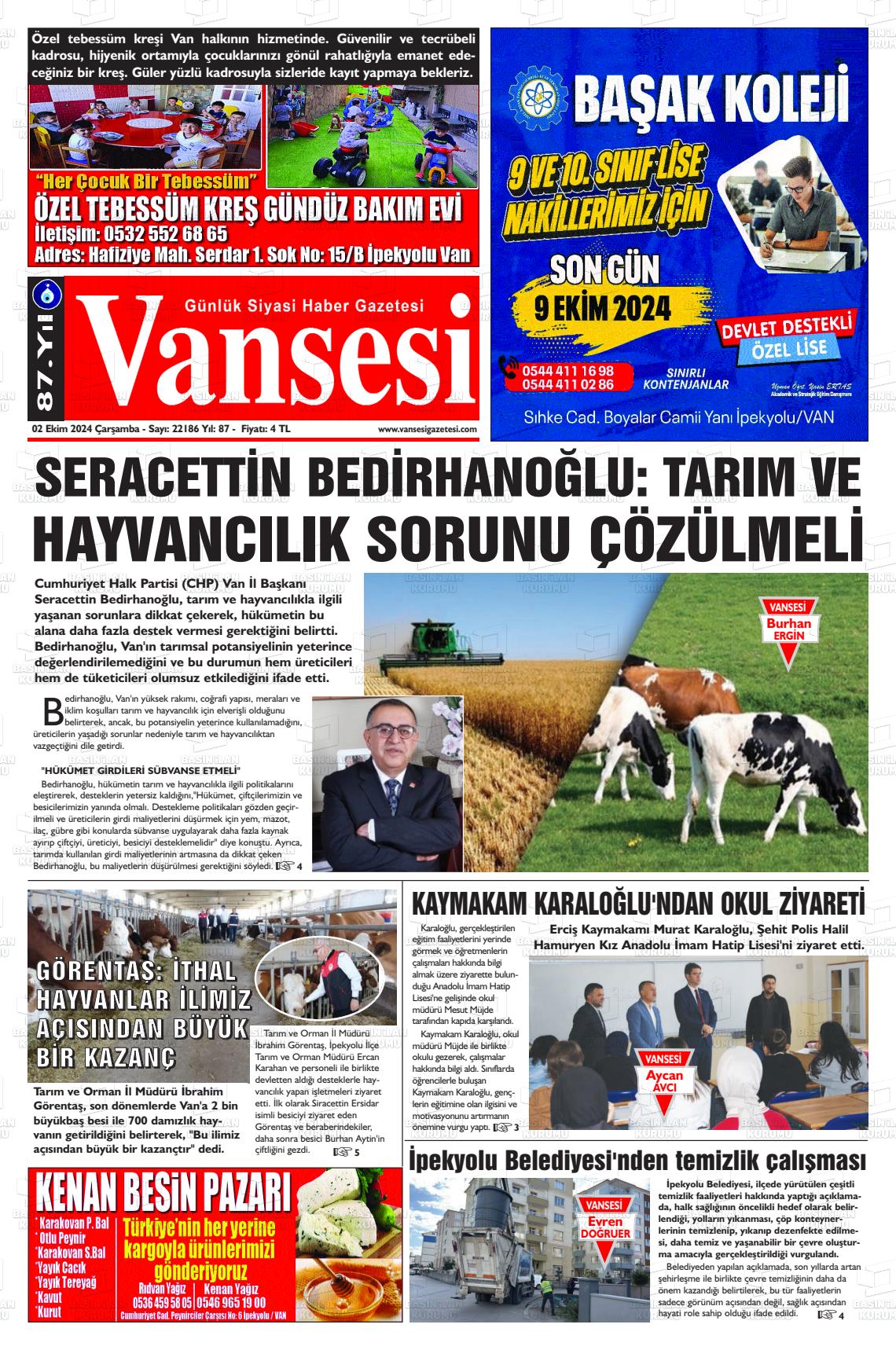 02 Ekim 2024 Vansesi Gazete Manşeti