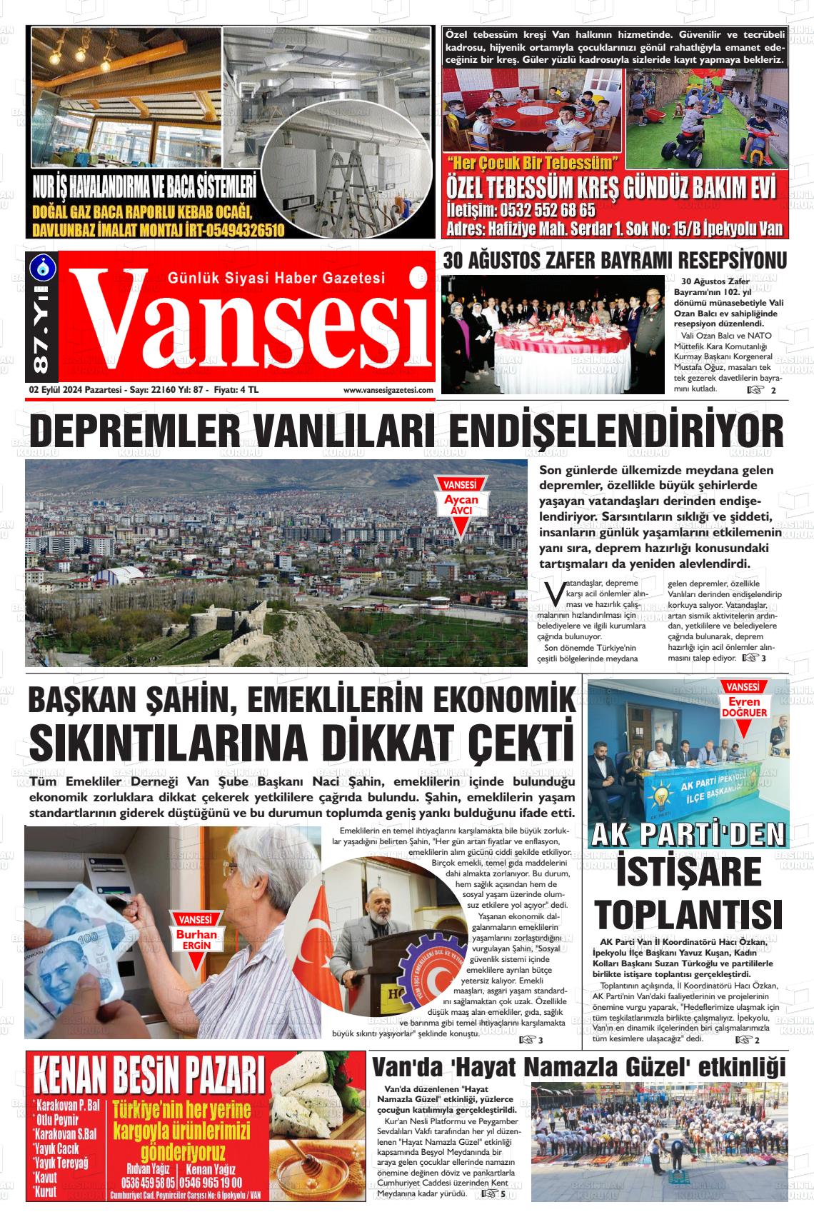 02 Eylül 2024 Vansesi Gazete Manşeti