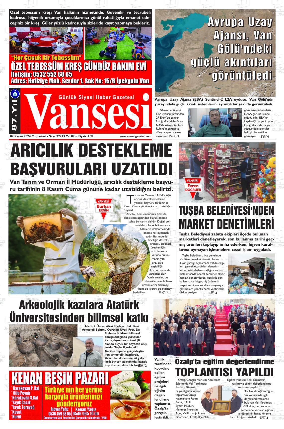 02 Kasım 2024 Vansesi Gazete Manşeti