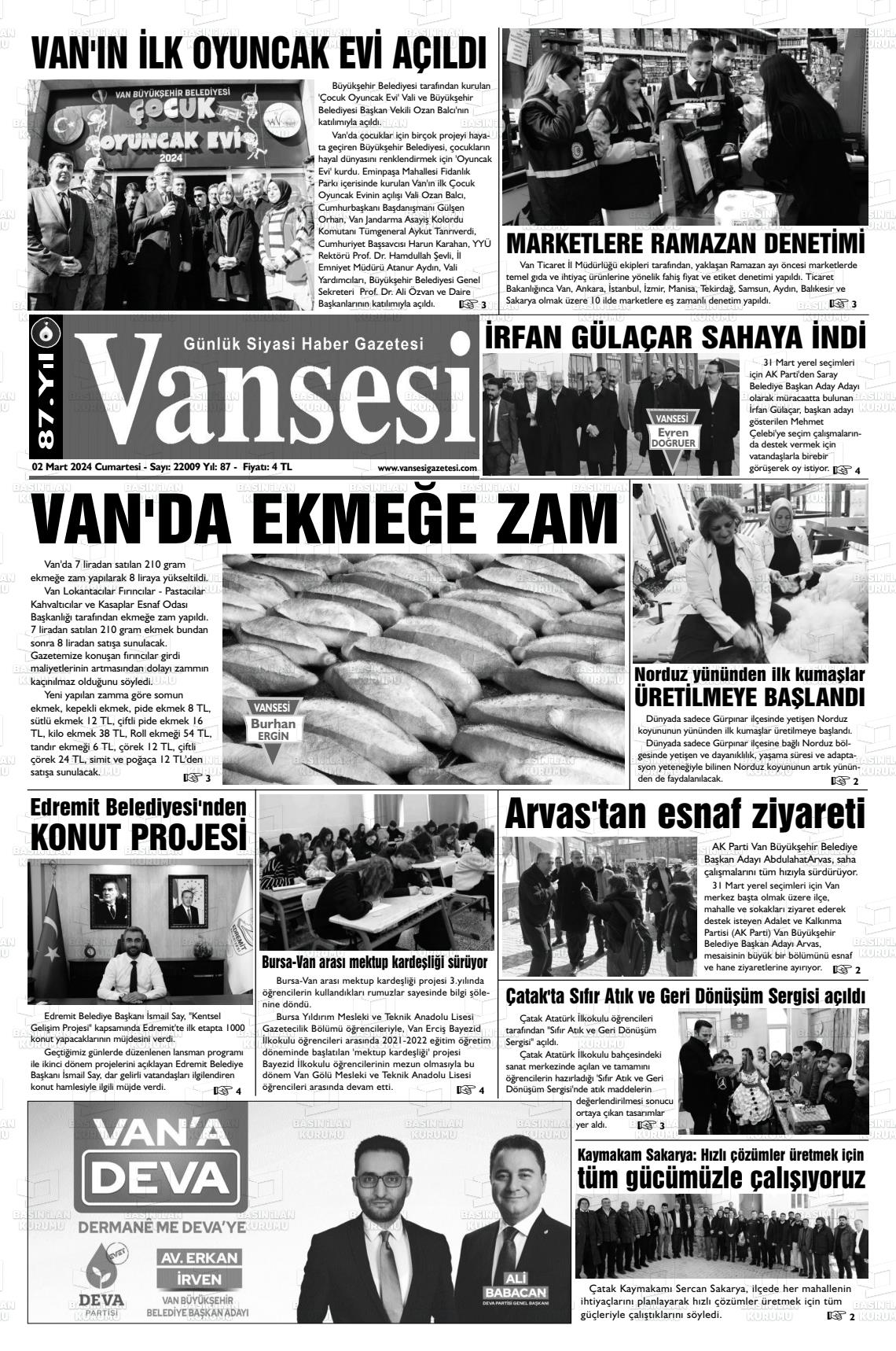 02 Mart 2024 Vansesi Gazete Manşeti