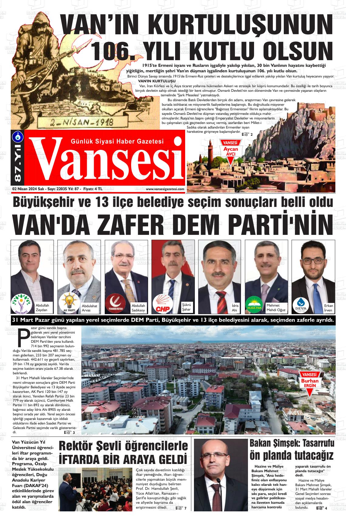 02 Nisan 2024 Vansesi Gazete Manşeti