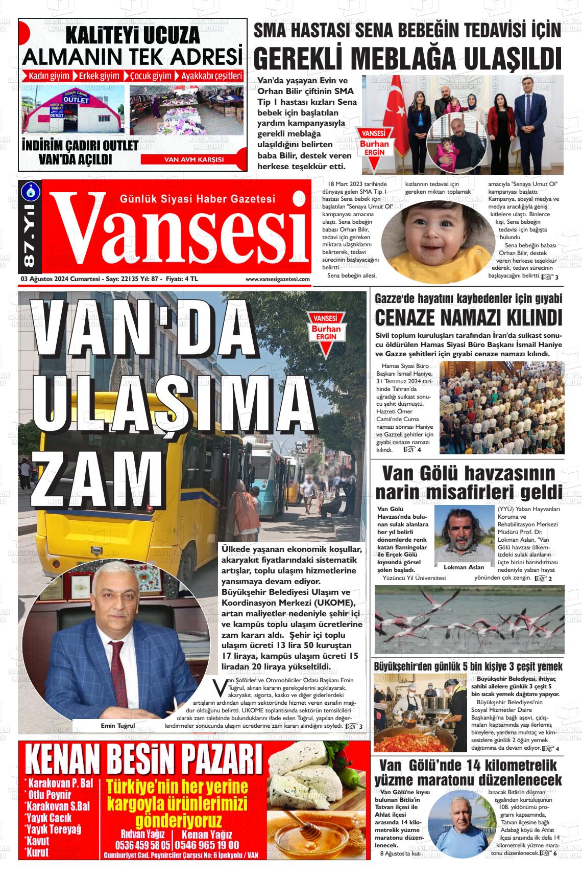 03 Ağustos 2024 Vansesi Gazete Manşeti