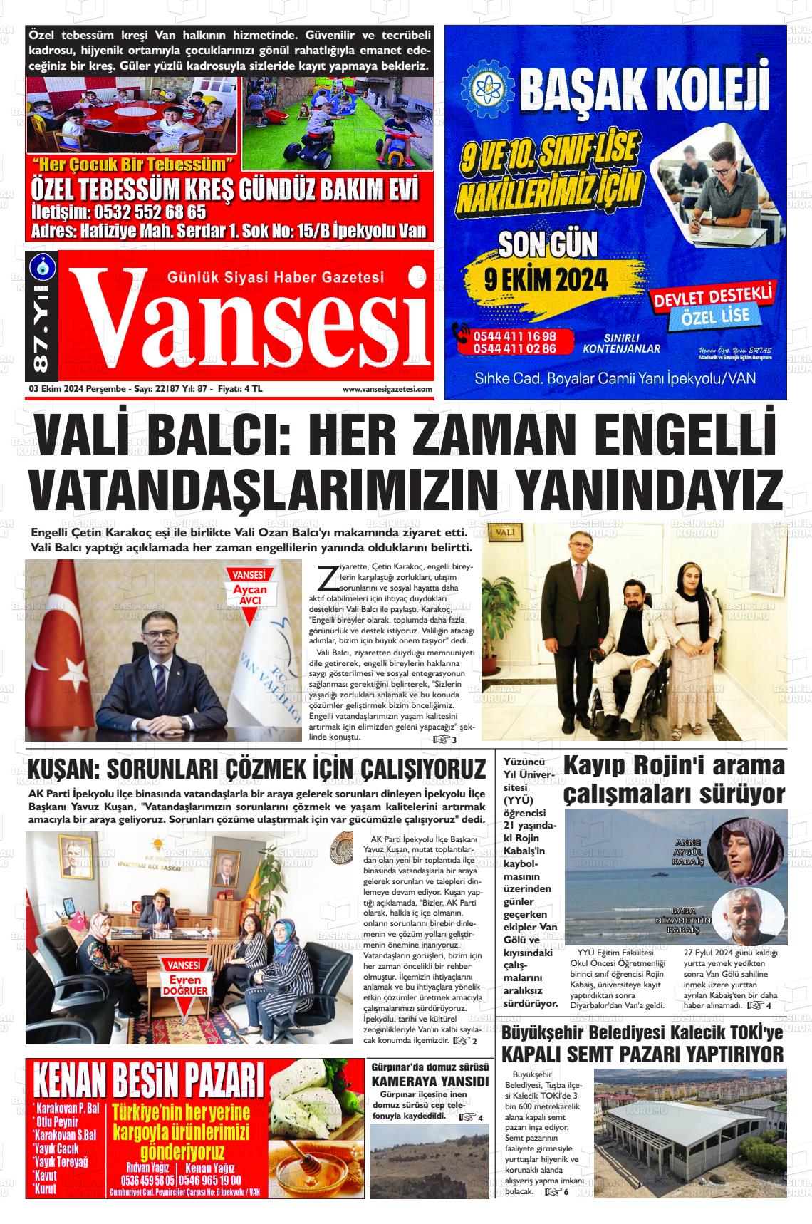 03 Ekim 2024 Vansesi Gazete Manşeti