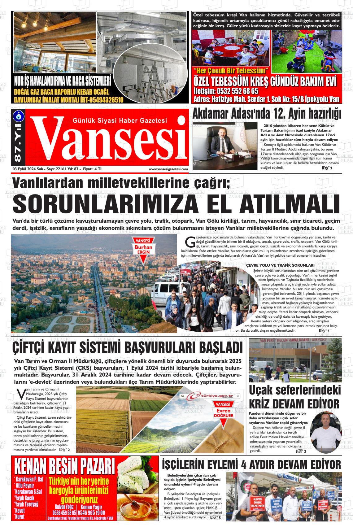 03 Eylül 2024 Vansesi Gazete Manşeti