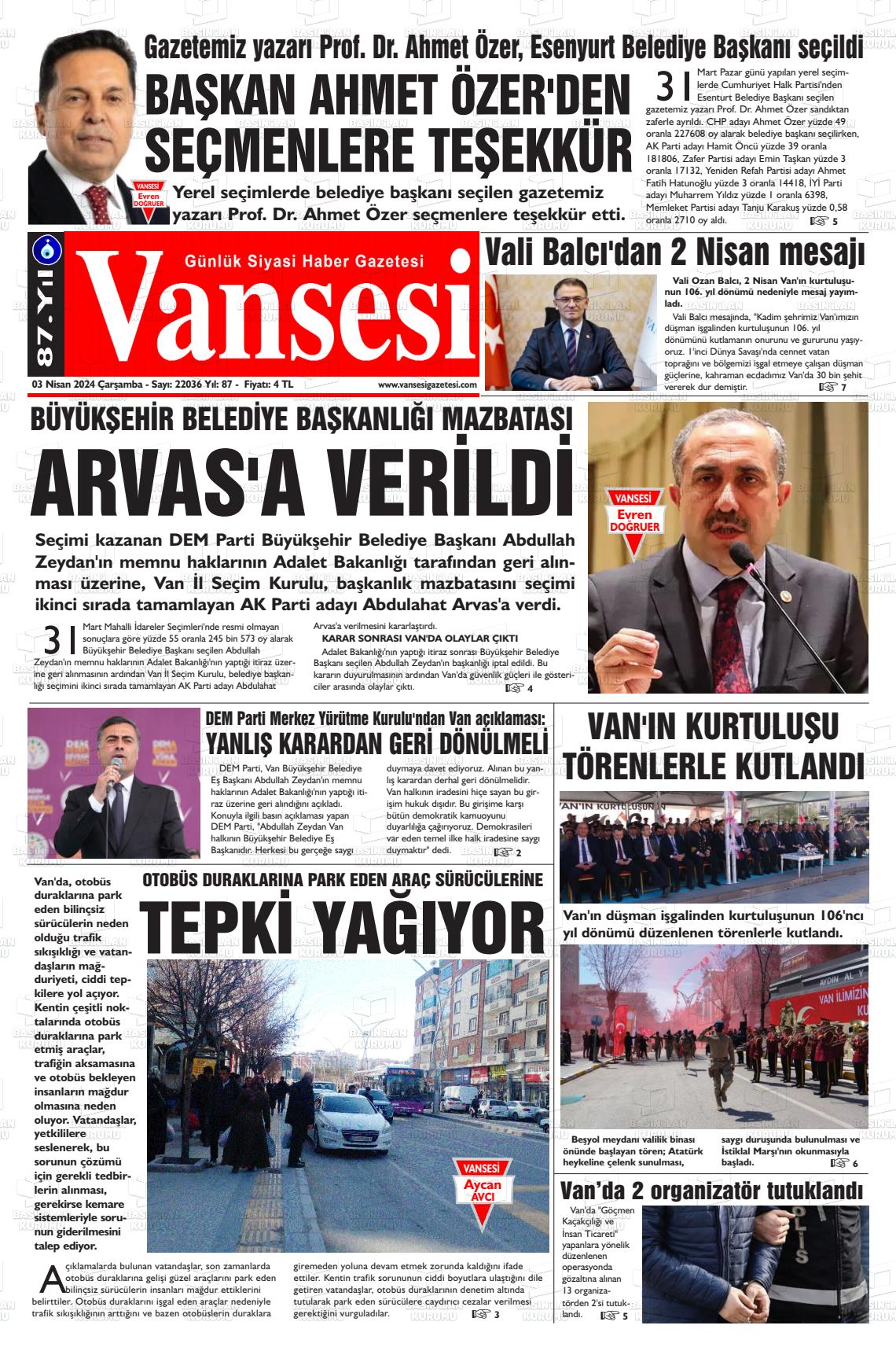 03 Nisan 2024 Vansesi Gazete Manşeti