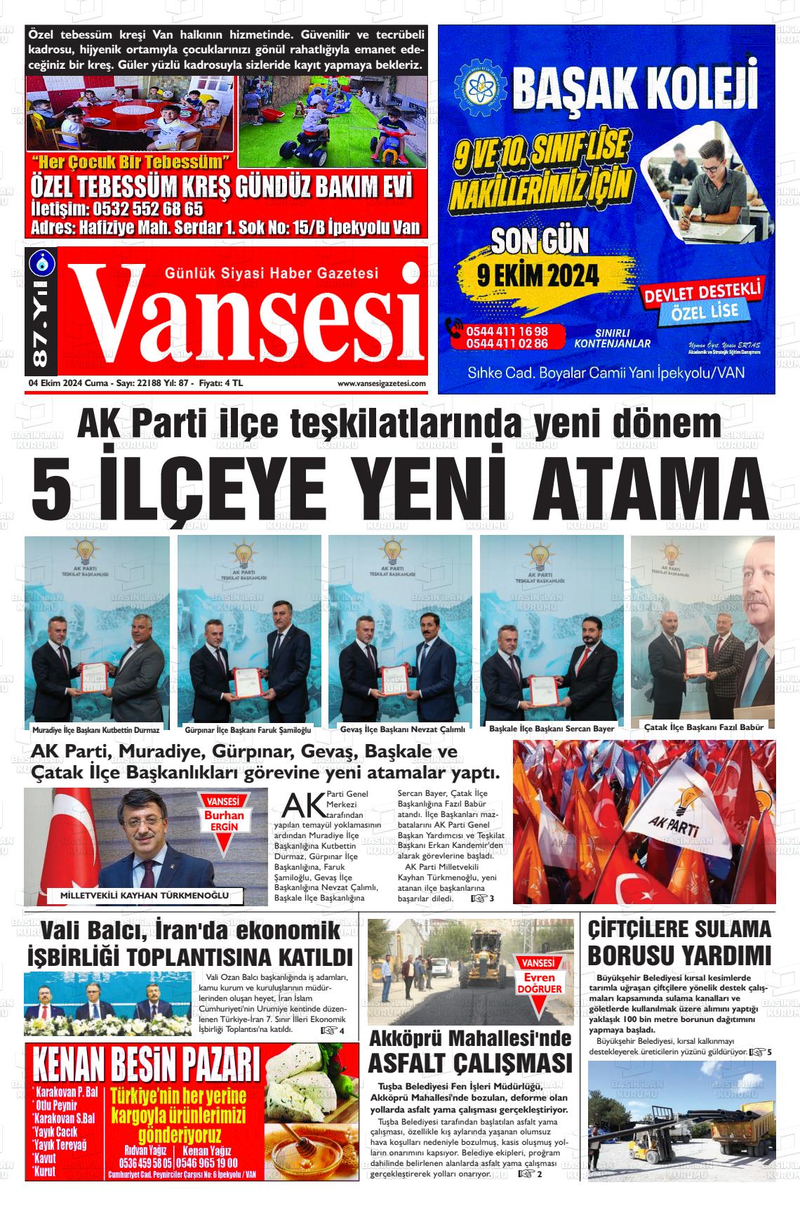 04 Ekim 2024 Vansesi Gazete Manşeti