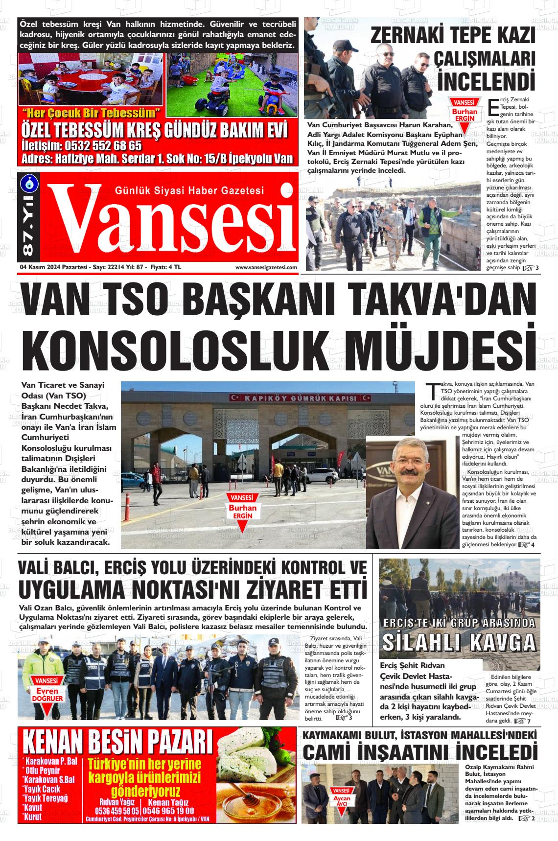 04 Kasım 2024 Vansesi Gazete Manşeti