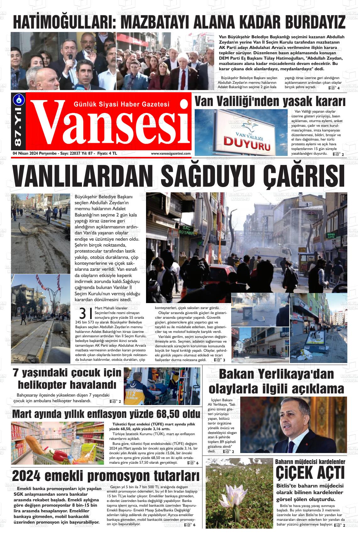 04 Nisan 2024 Vansesi Gazete Manşeti