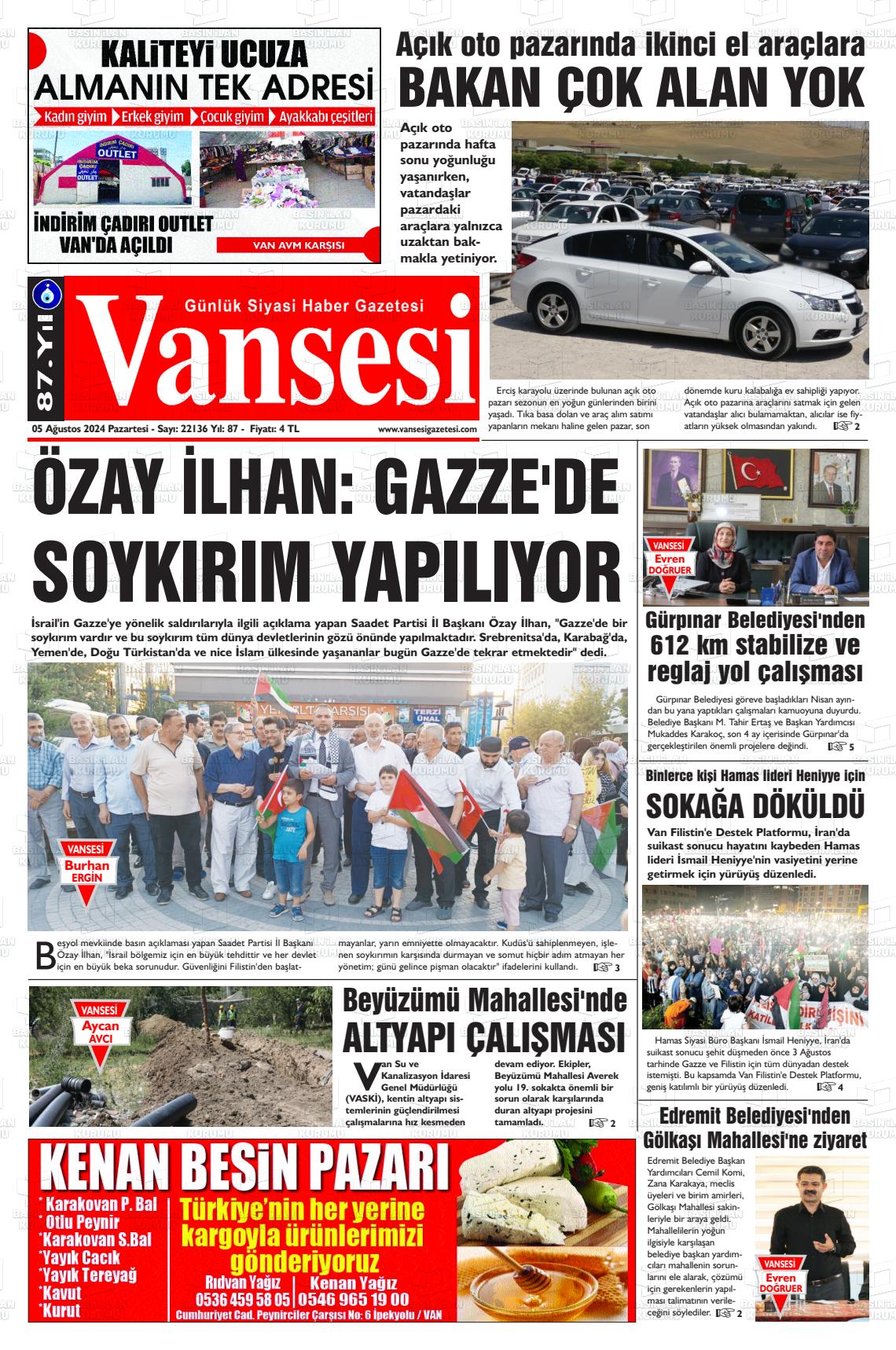 05 Ağustos 2024 Vansesi Gazete Manşeti