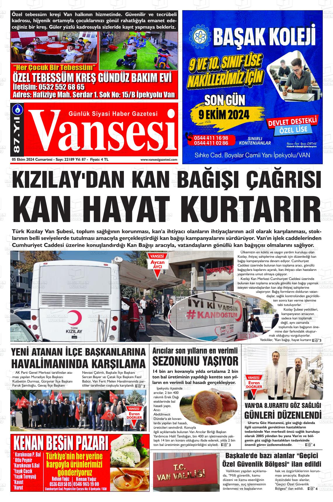 05 Ekim 2024 Vansesi Gazete Manşeti