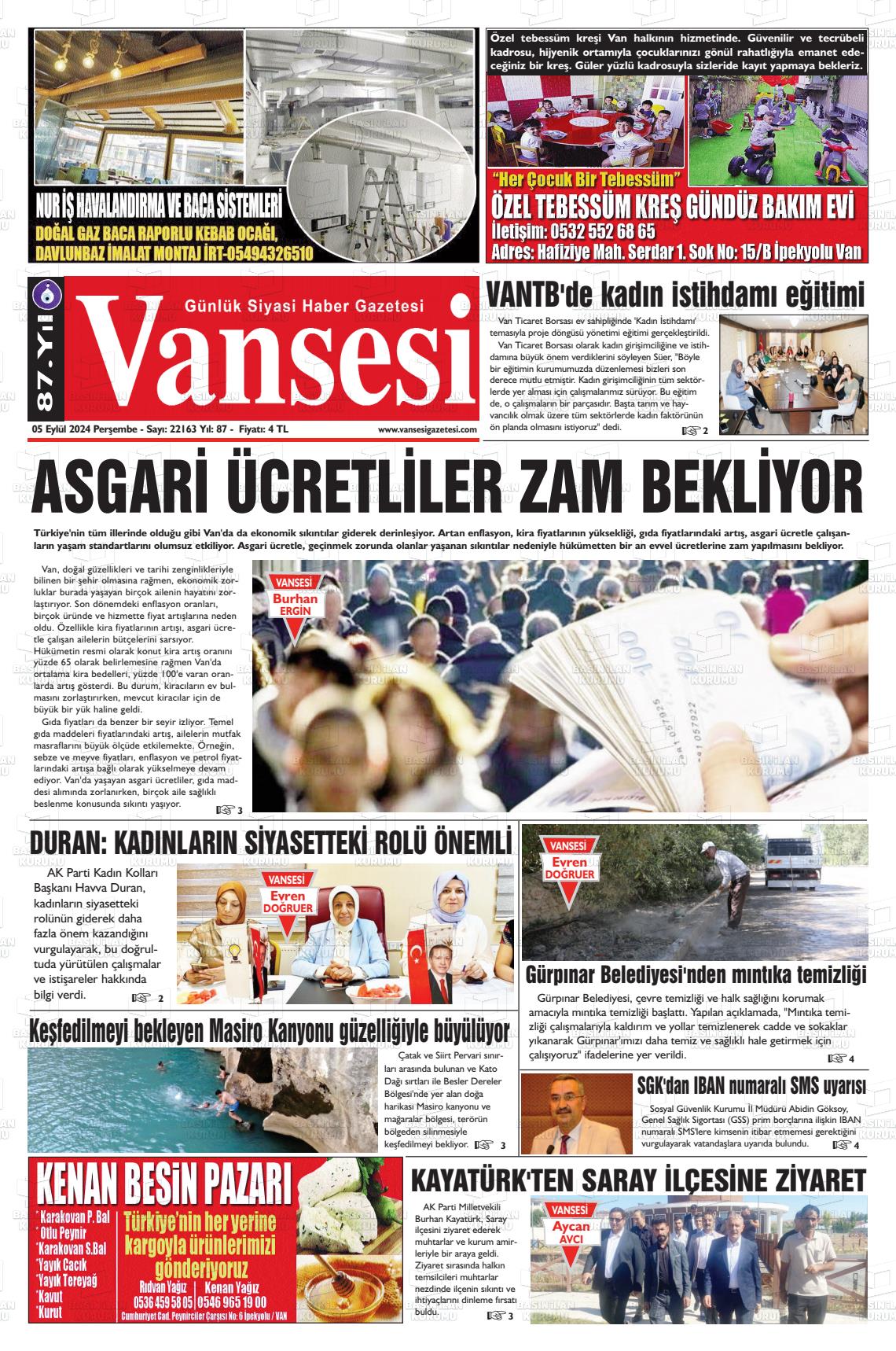 05 Eylül 2024 Vansesi Gazete Manşeti