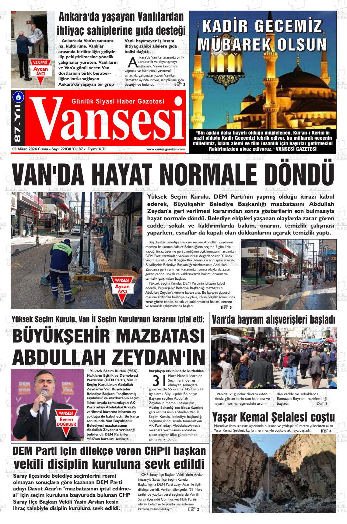 05 Nisan 2024 Vansesi Gazete Manşeti