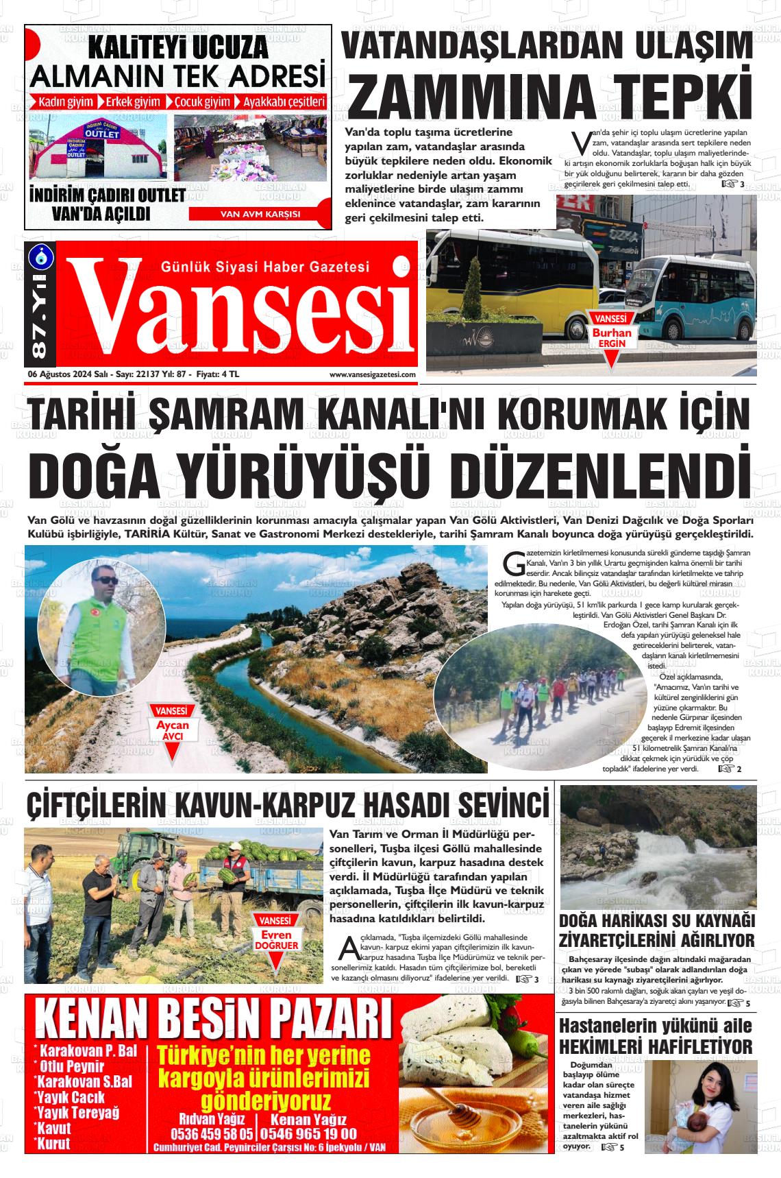 06 Ağustos 2024 Vansesi Gazete Manşeti