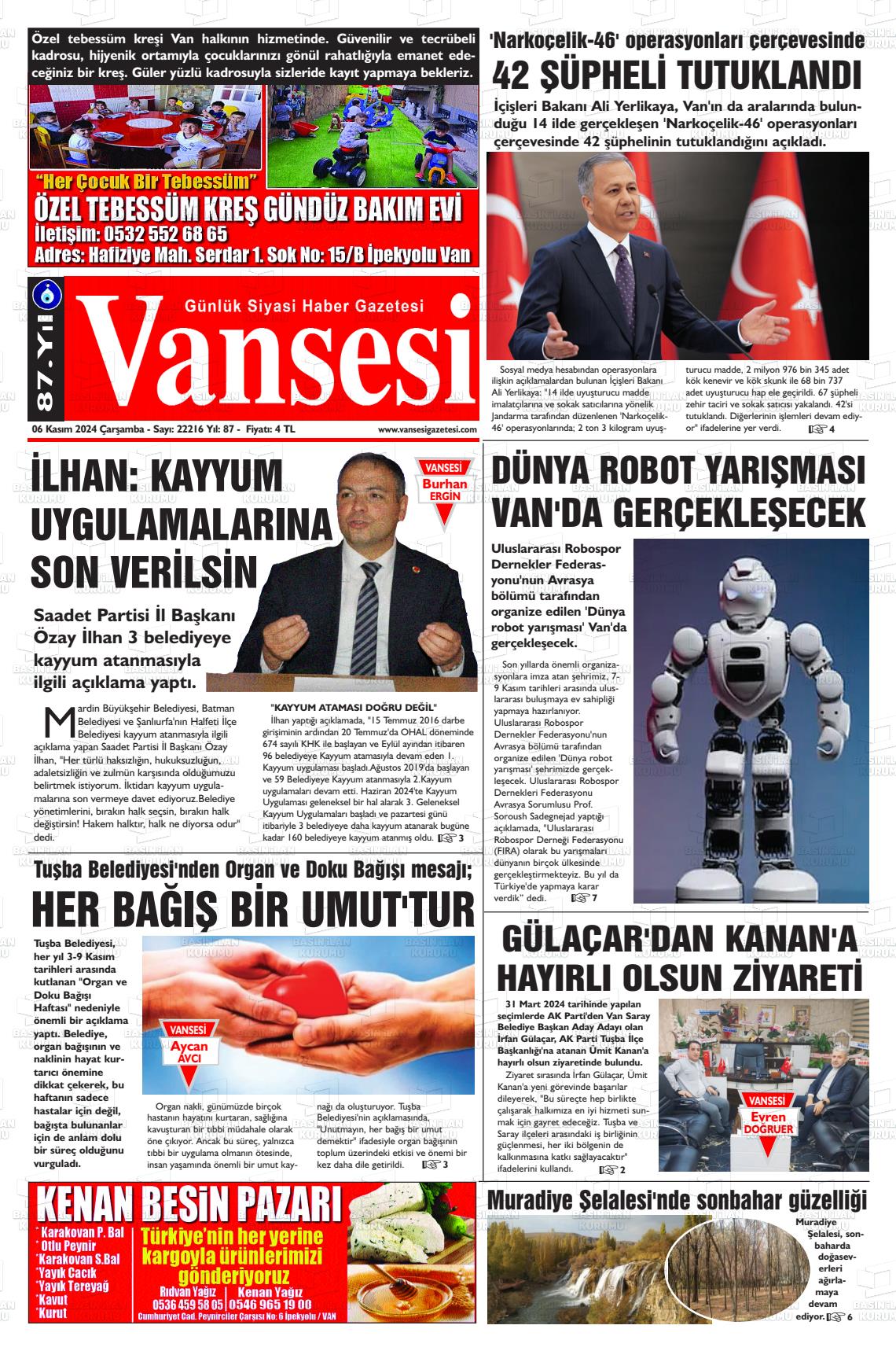 06 Kasım 2024 Vansesi Gazete Manşeti