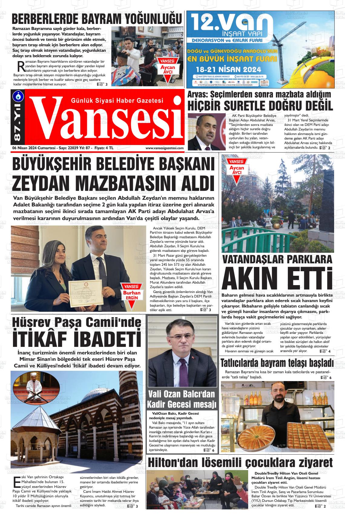 06 Nisan 2024 Vansesi Gazete Manşeti