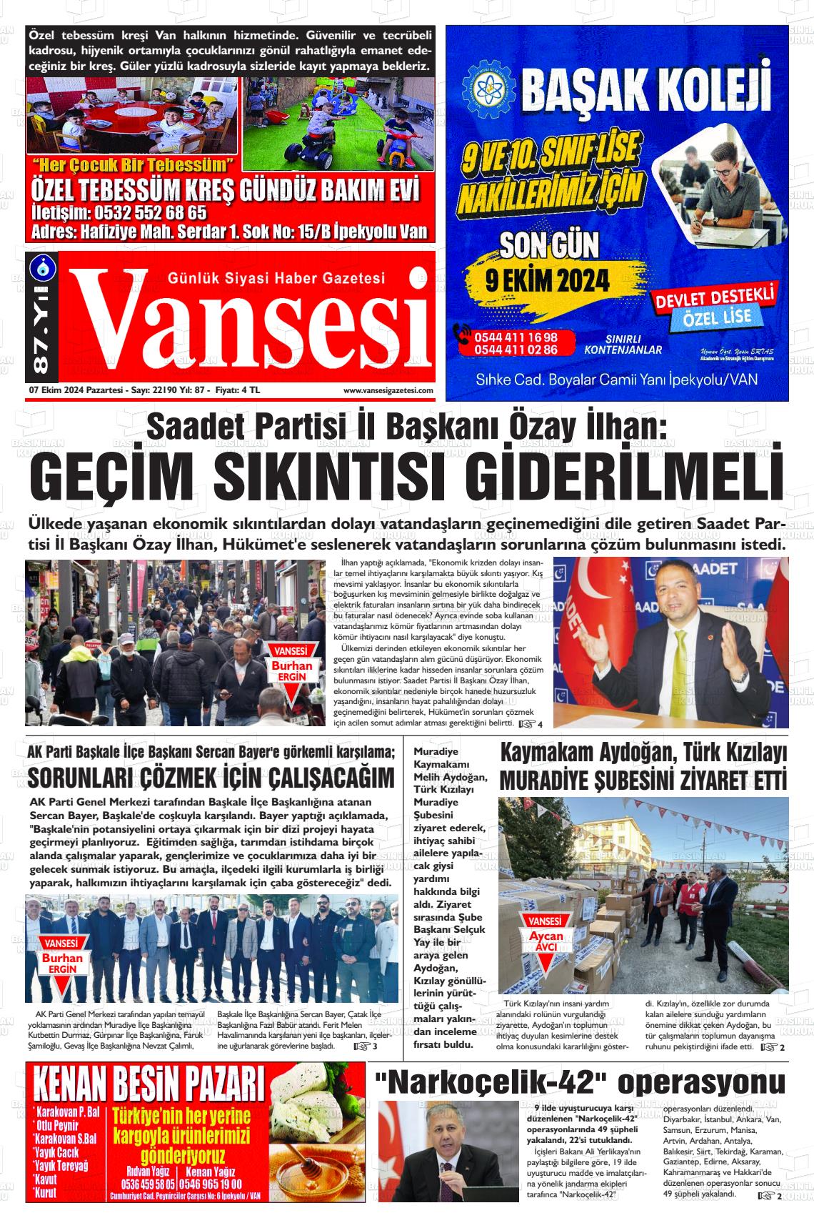 07 Ekim 2024 Vansesi Gazete Manşeti