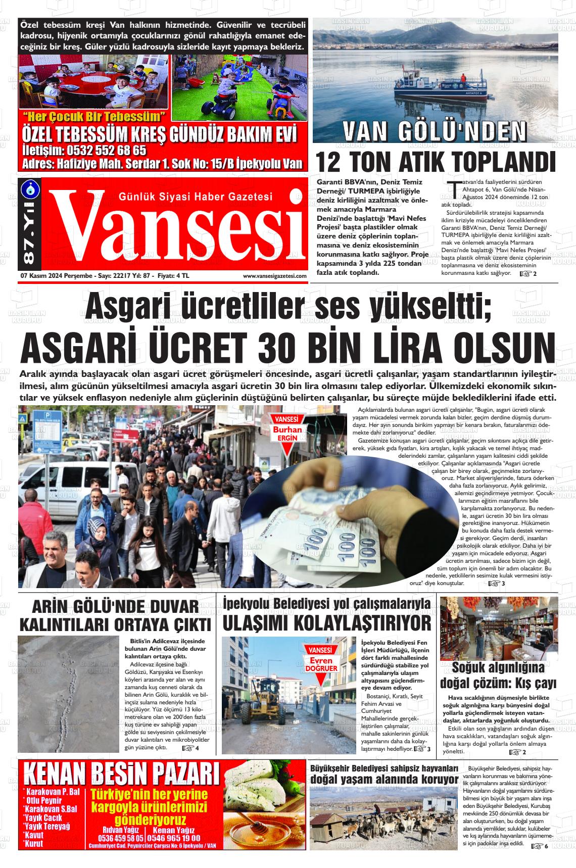 07 Kasım 2024 Vansesi Gazete Manşeti