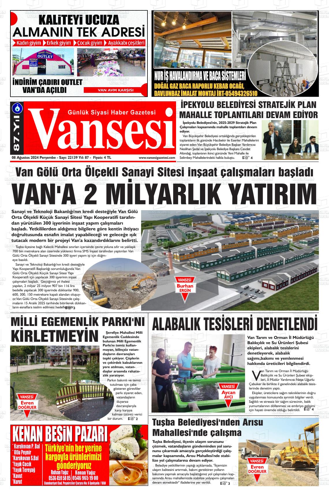 08 Ağustos 2024 Vansesi Gazete Manşeti