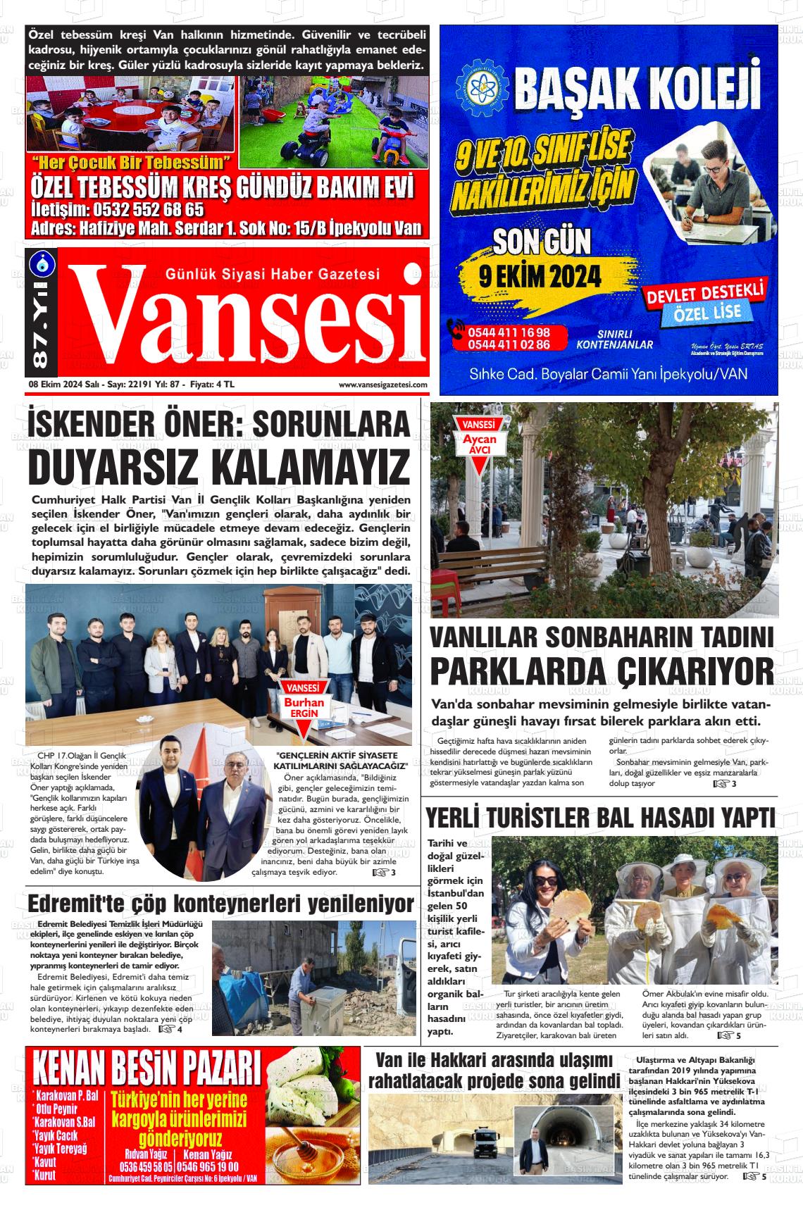 08 Ekim 2024 Vansesi Gazete Manşeti