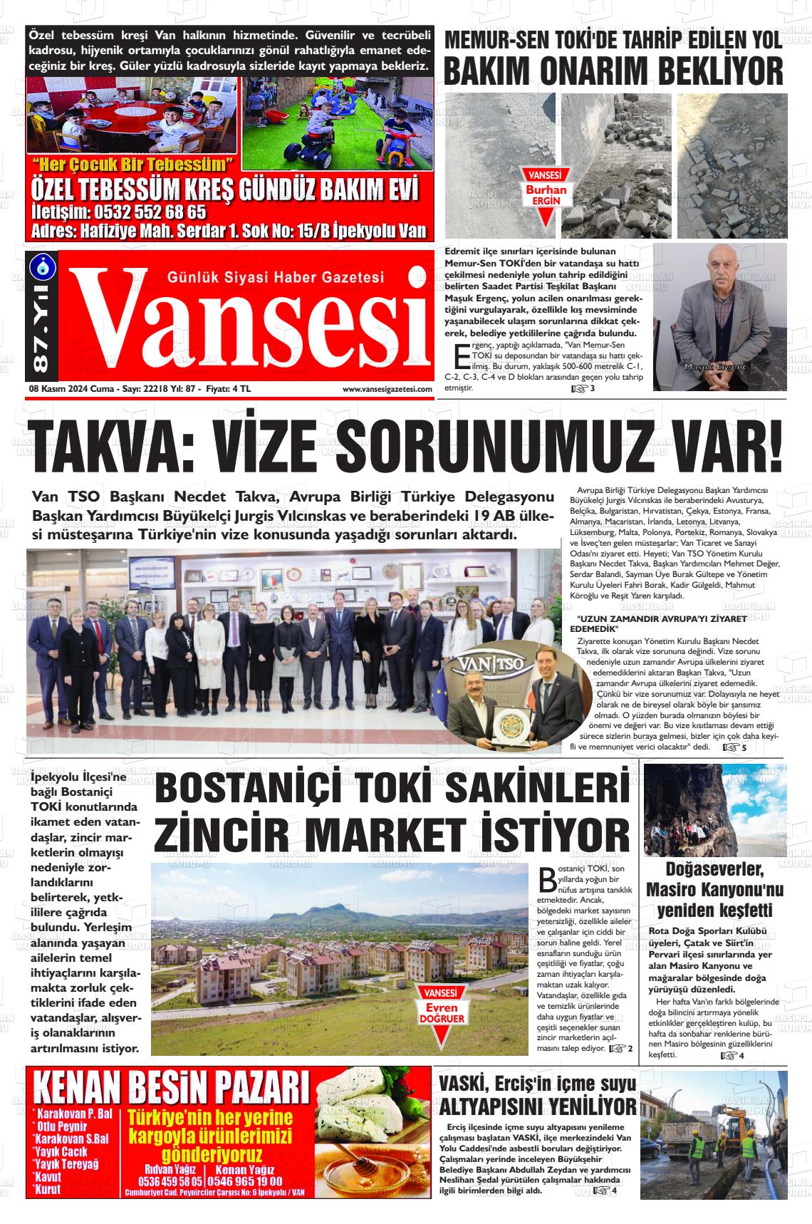 08 Kasım 2024 Vansesi Gazete Manşeti