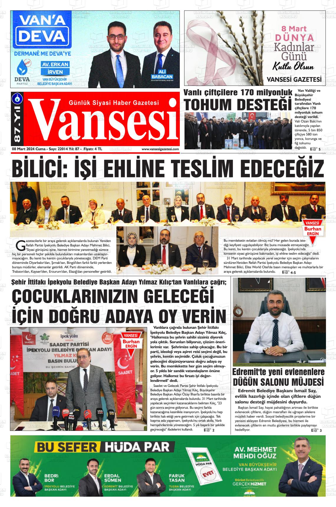 08 Mart 2024 Vansesi Gazete Manşeti