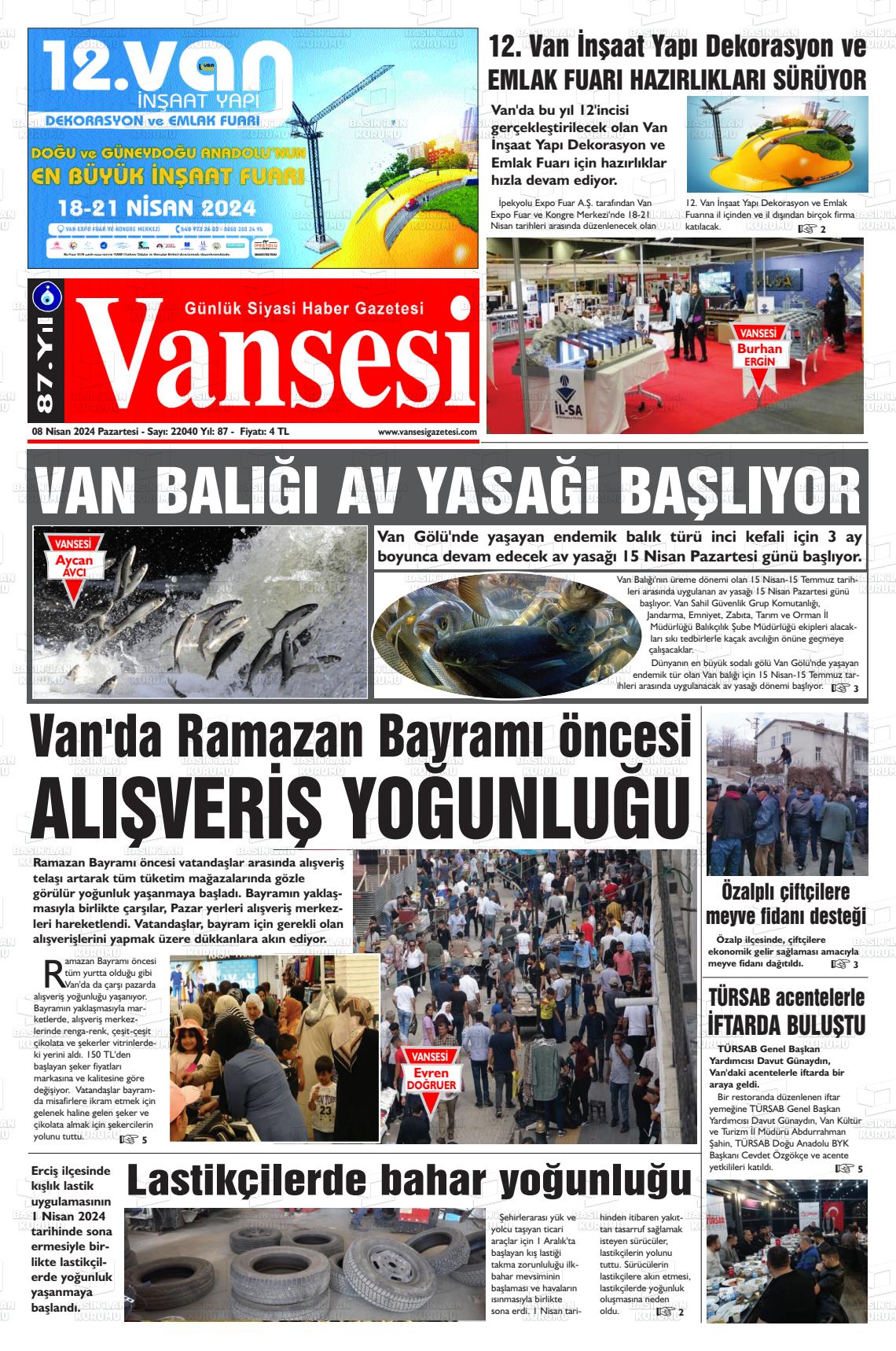 08 Nisan 2024 Vansesi Gazete Manşeti