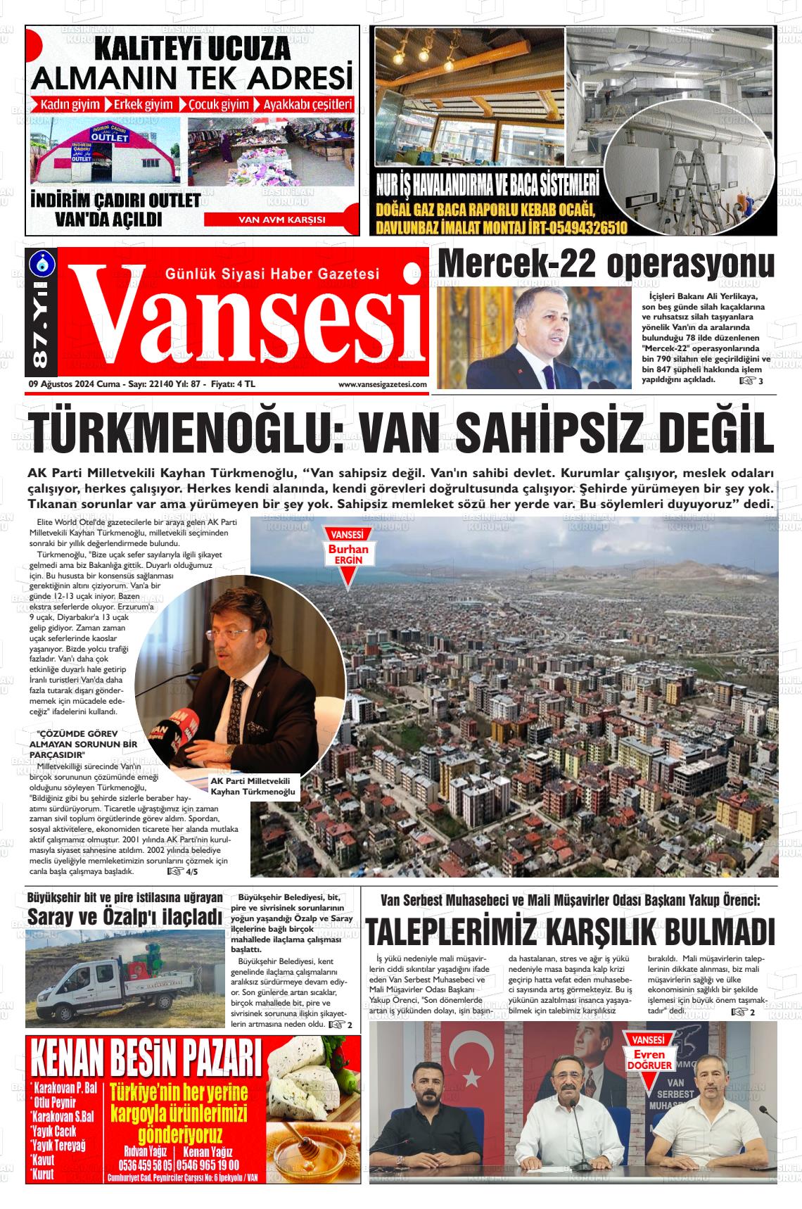 09 Ağustos 2024 Vansesi Gazete Manşeti