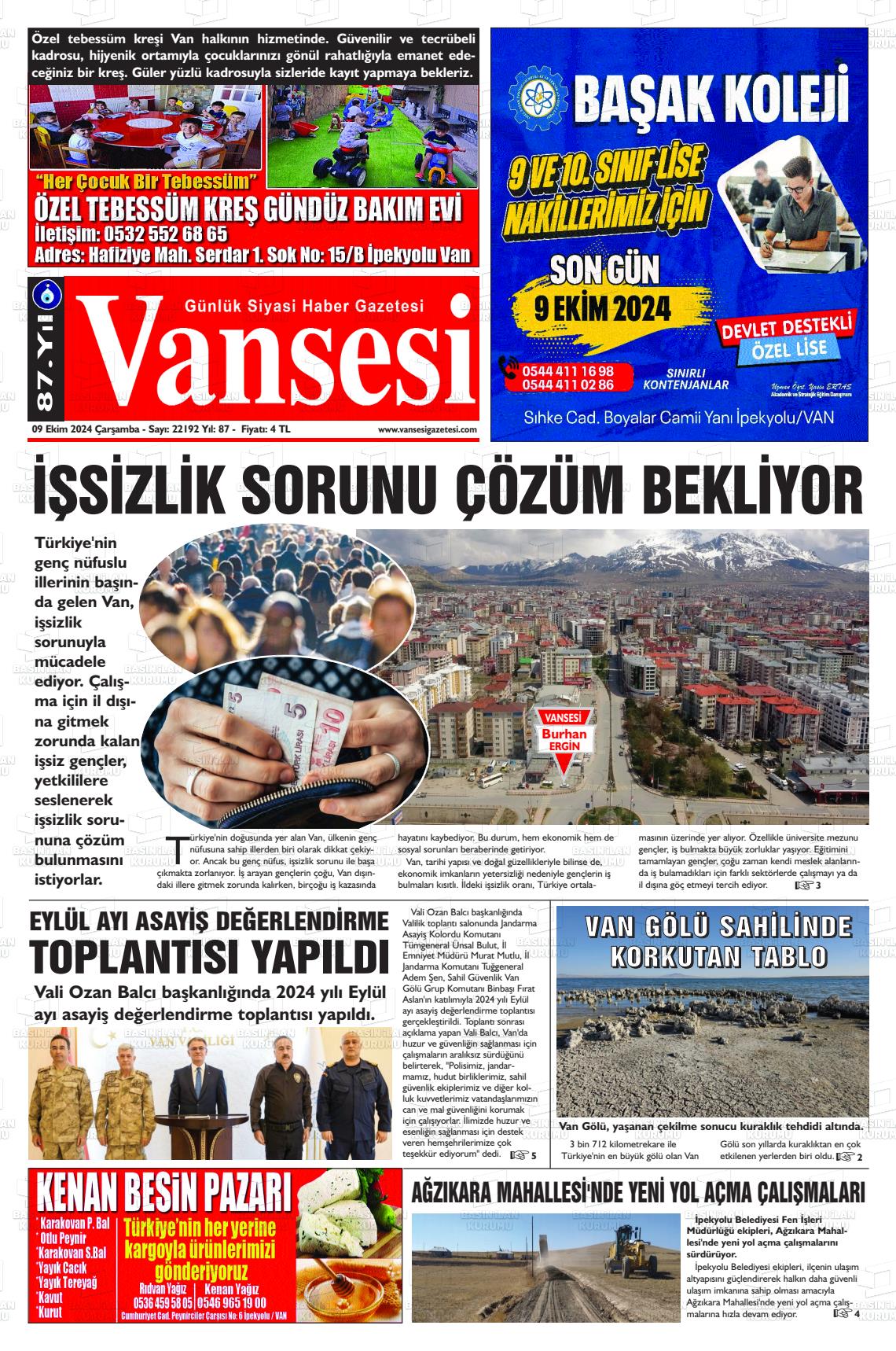 09 Ekim 2024 Vansesi Gazete Manşeti