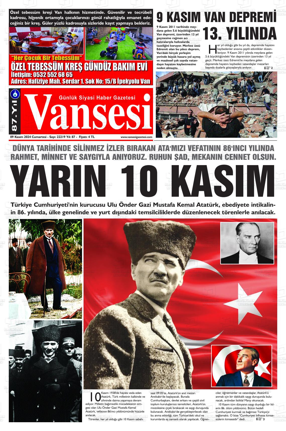 09 Kasım 2024 Vansesi Gazete Manşeti