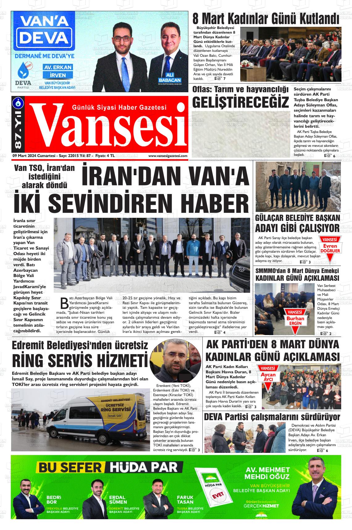 09 Mart 2024 Vansesi Gazete Manşeti