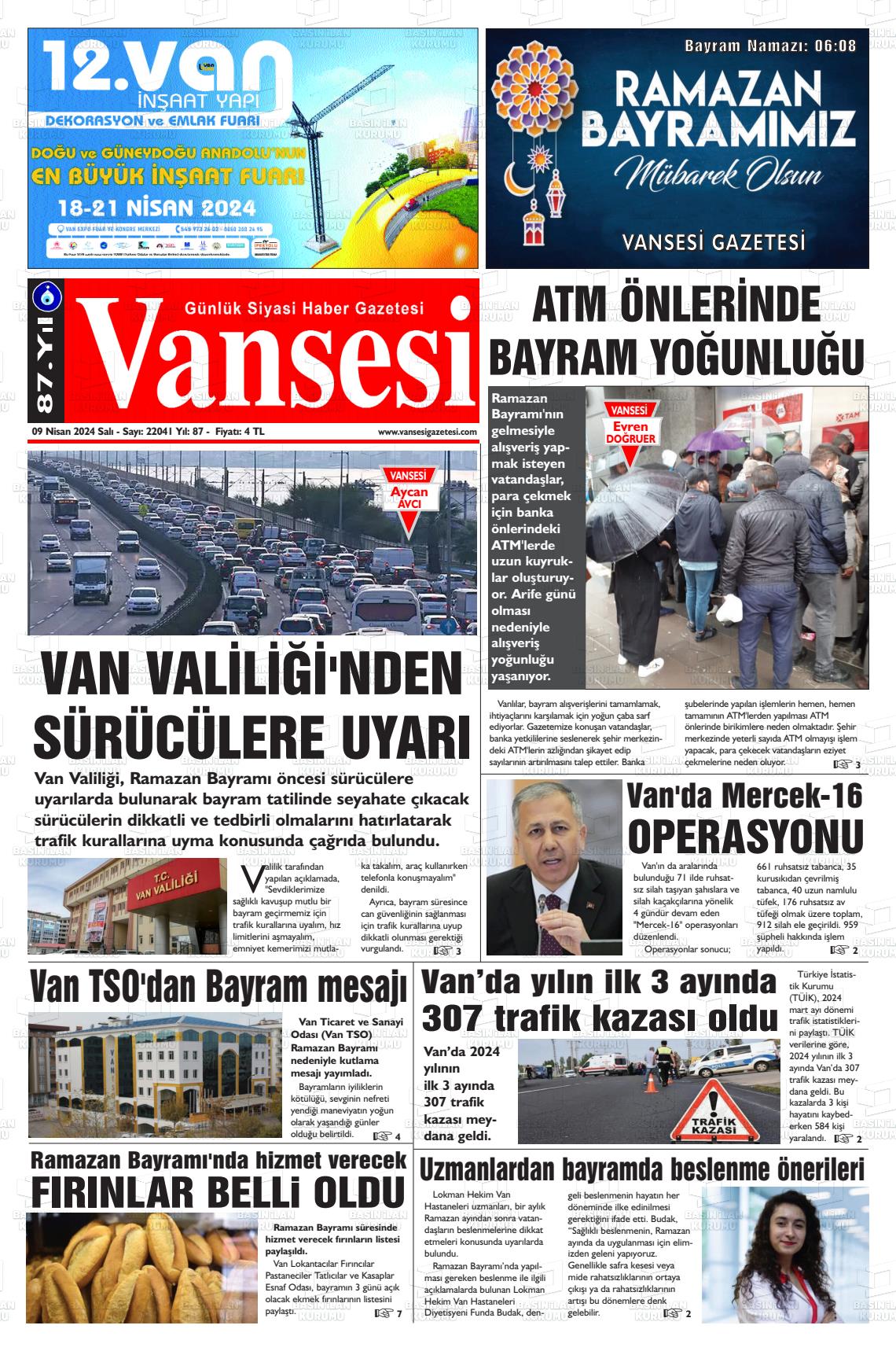 09 Nisan 2024 Vansesi Gazete Manşeti