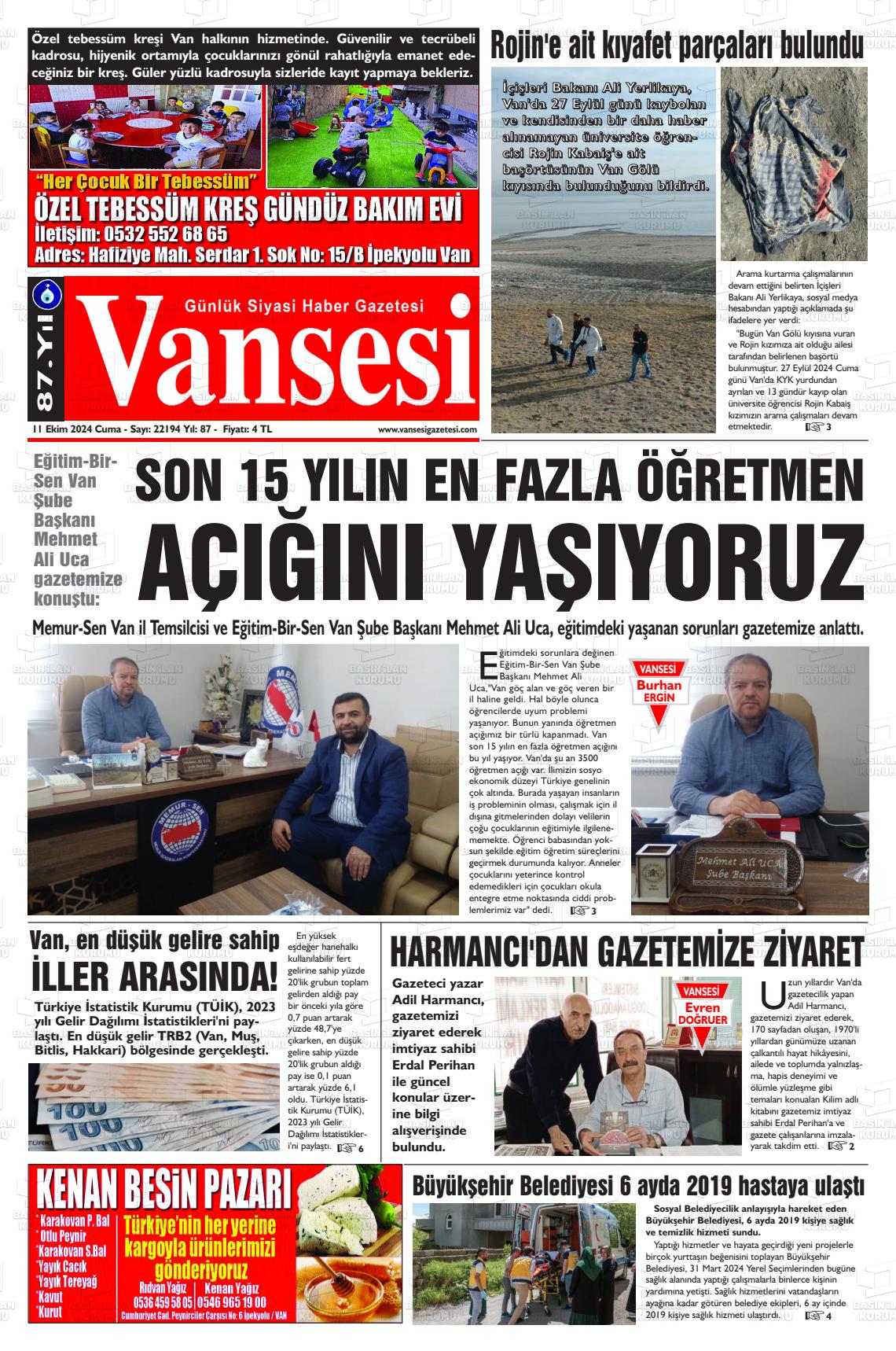 11 Ekim 2024 Vansesi Gazete Manşeti