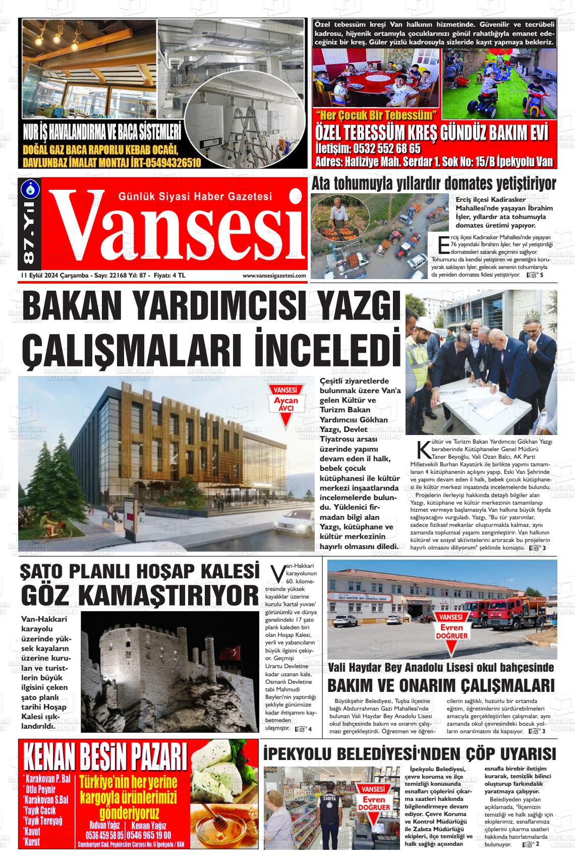 11 Eylül 2024 Vansesi Gazete Manşeti