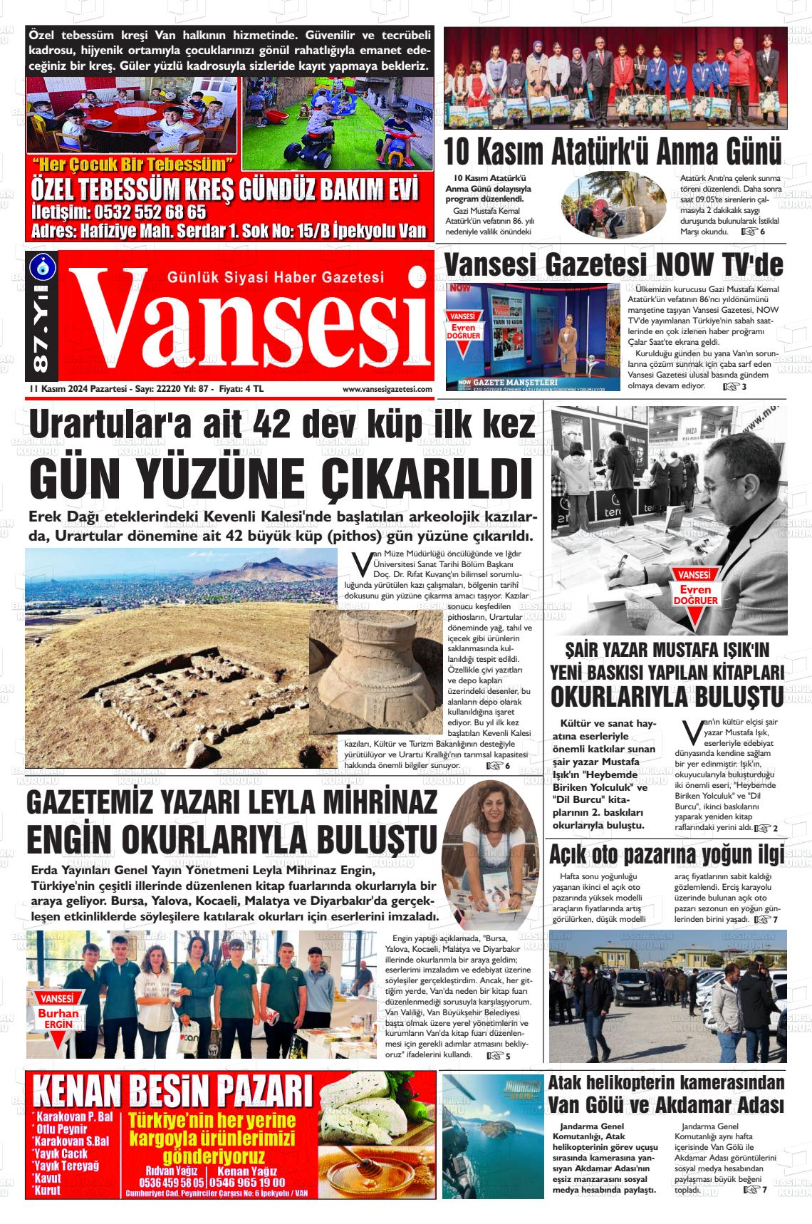 11 Kasım 2024 Vansesi Gazete Manşeti