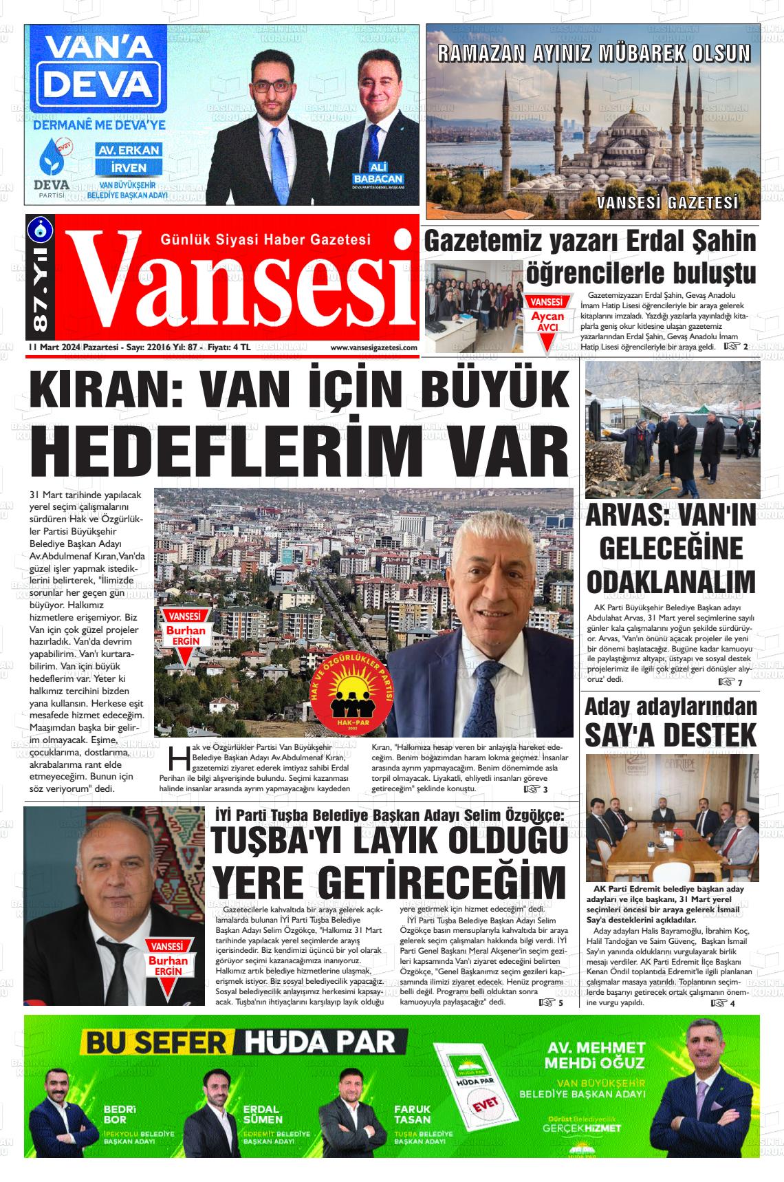 11 Mart 2024 Vansesi Gazete Manşeti