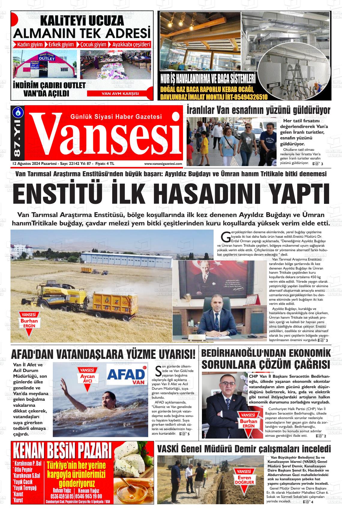 12 Ağustos 2024 Vansesi Gazete Manşeti