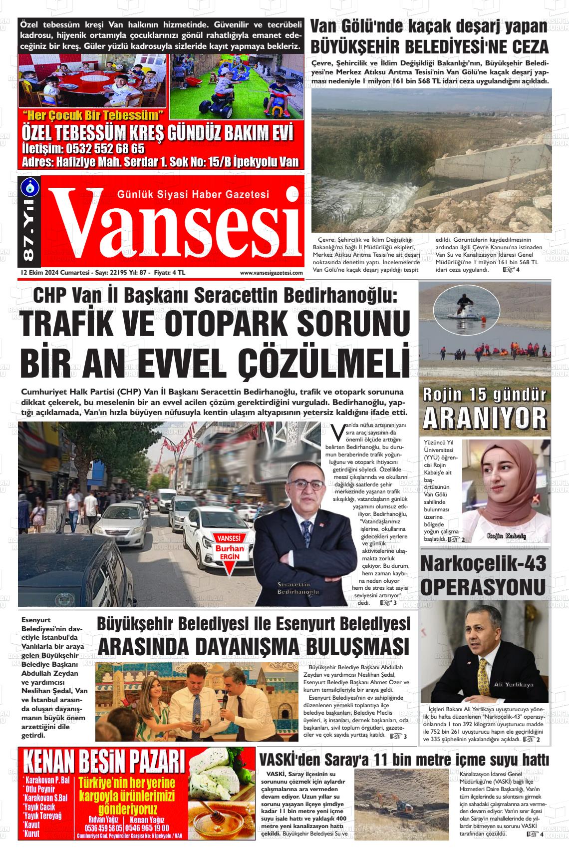 12 Ekim 2024 Vansesi Gazete Manşeti