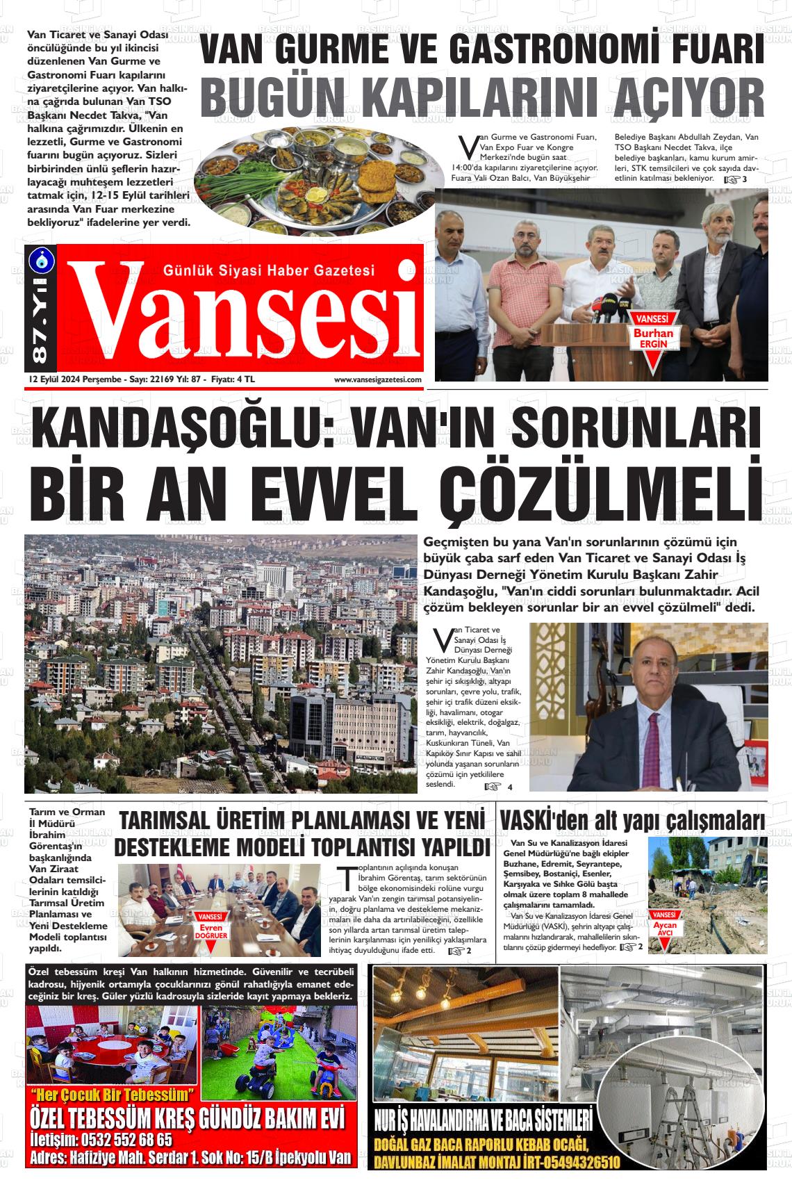 12 Eylül 2024 Vansesi Gazete Manşeti