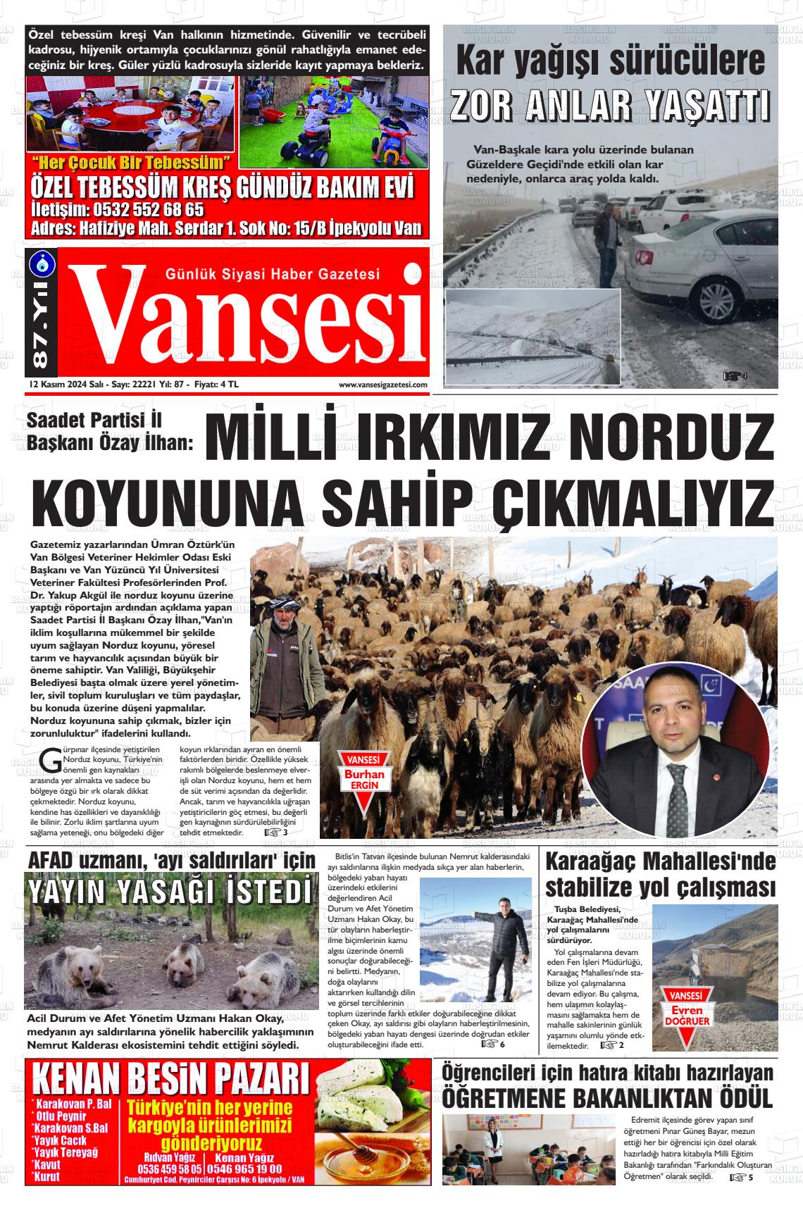 12 Kasım 2024 Vansesi Gazete Manşeti