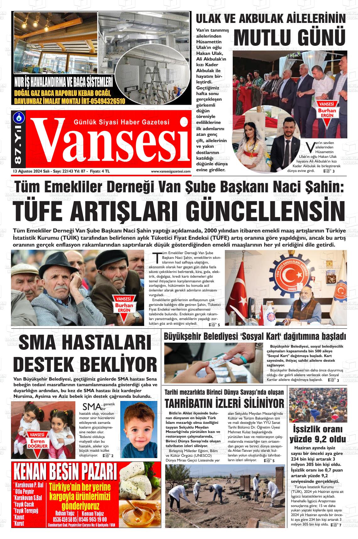 13 Ağustos 2024 Vansesi Gazete Manşeti