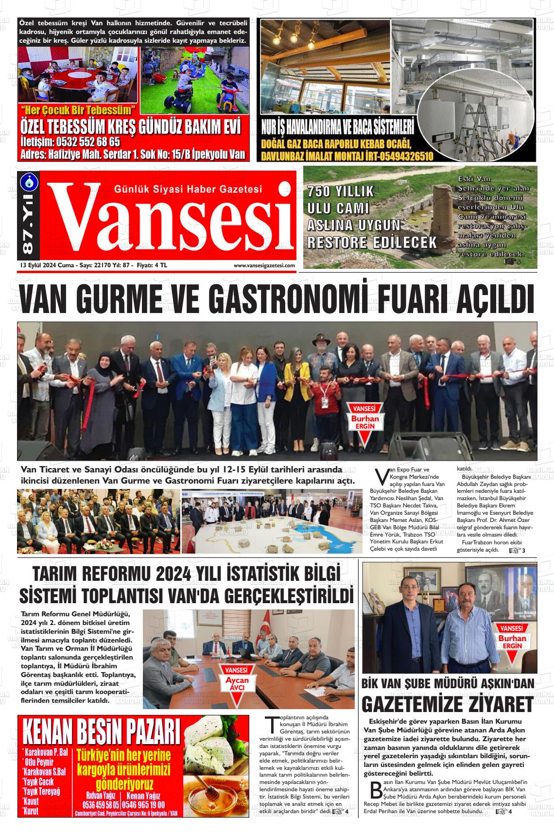 13 Eylül 2024 Vansesi Gazete Manşeti